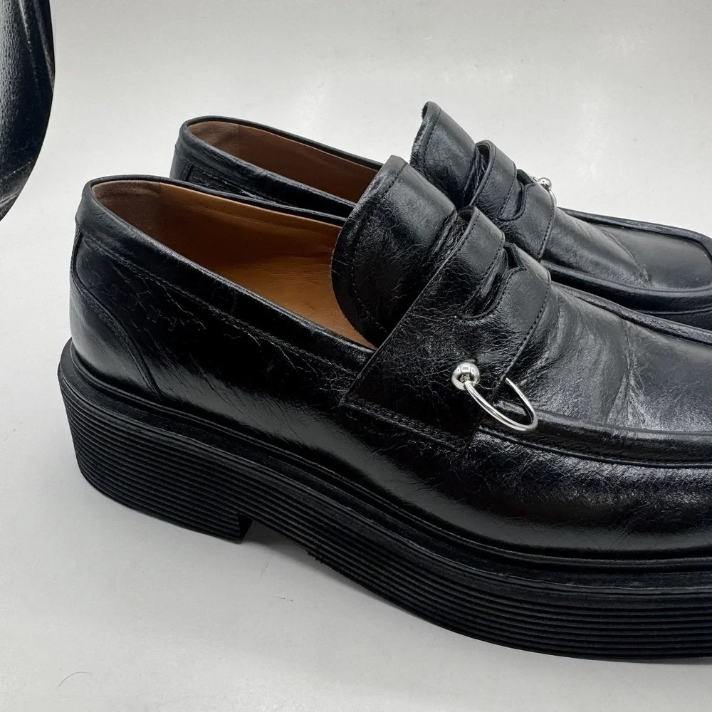 Marni O-Ring Penny Loafers Platform Black Shiny Leather Mens Sz US 9.5 Italy